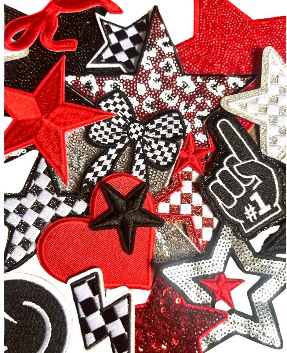 Red and Black Iron-On Patches: Embroidered and Sequin Embellishments
