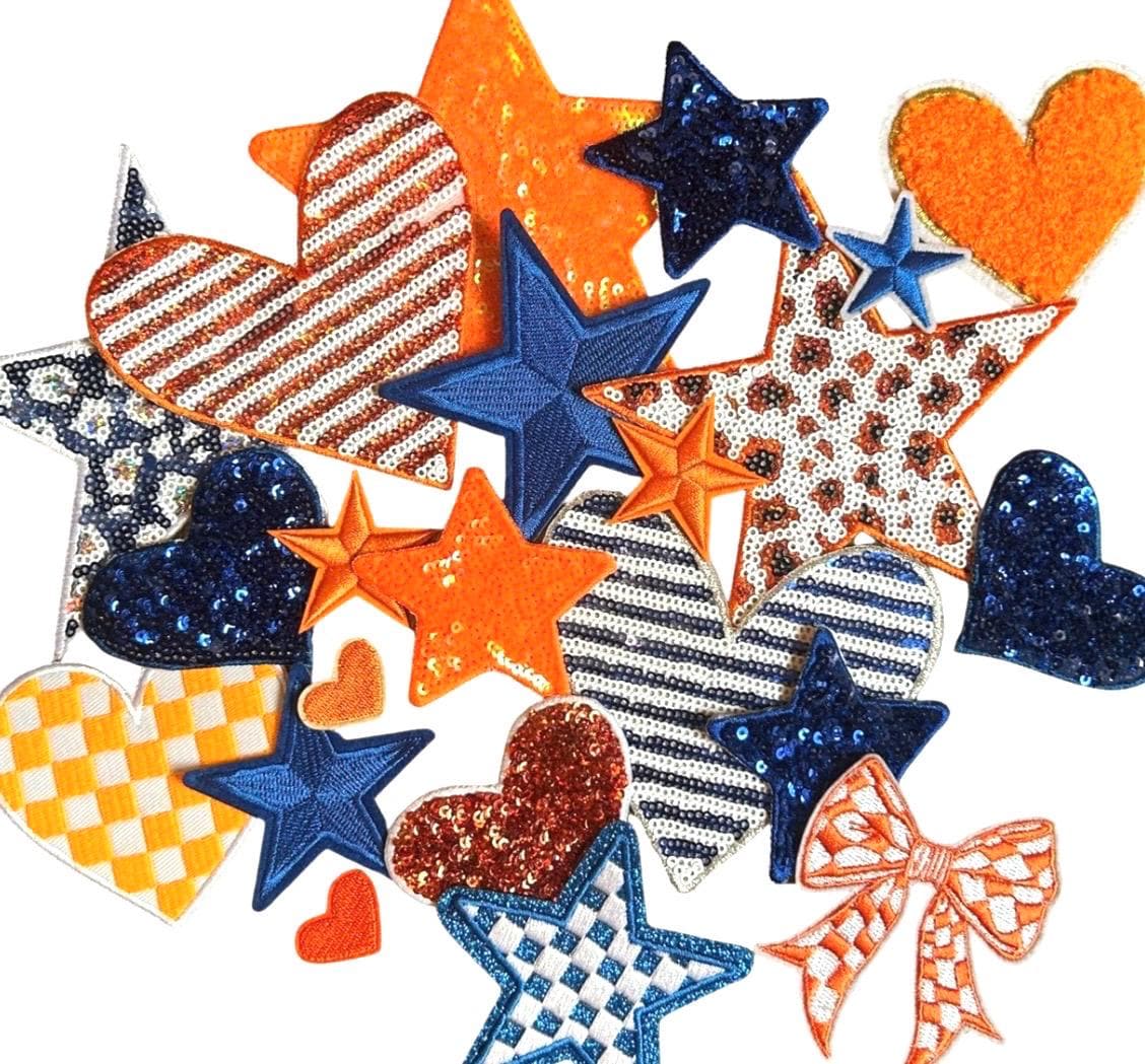 Blue & Orange Iron-On Patches: Embroidered, Chenille, Sequin Styles