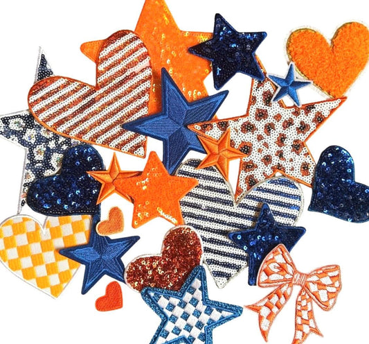 Blue & Orange Iron-On Patches: Embroidered, Chenille, Sequin Styles