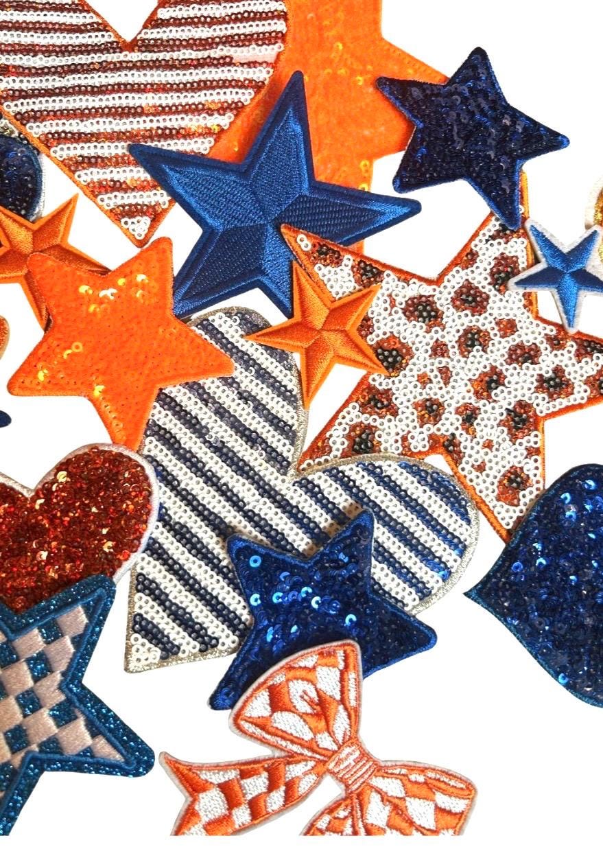 Blue & Orange Iron-On Patches: Embroidered, Chenille, Sequin Styles