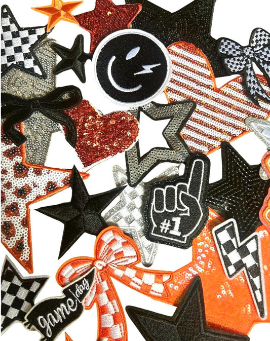Black and Orange Iron-On Patches: Embroidered and Sequin DIY Embellishments