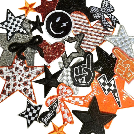 Black and Orange Iron-On Patches: Embroidered and Sequin DIY Embellishments