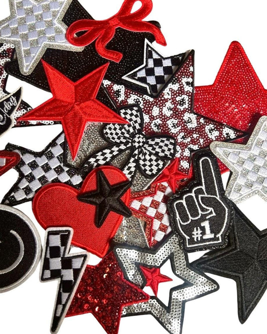 Red and Black Iron-On Patches: Embroidered and Sequin Embellishments