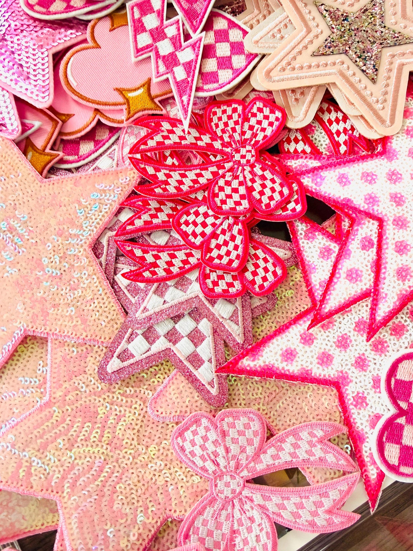 Pink Embroidered Patches: Stars, Hearts, Lightning Bolts – Iron-On Bundle