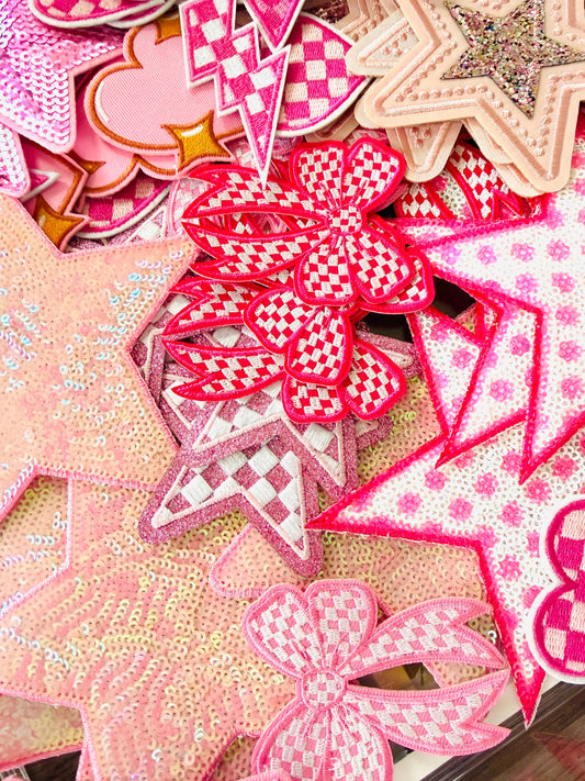 Pink Embroidered Patches: Stars, Hearts, Lightning Bolts – Iron-On Bundle