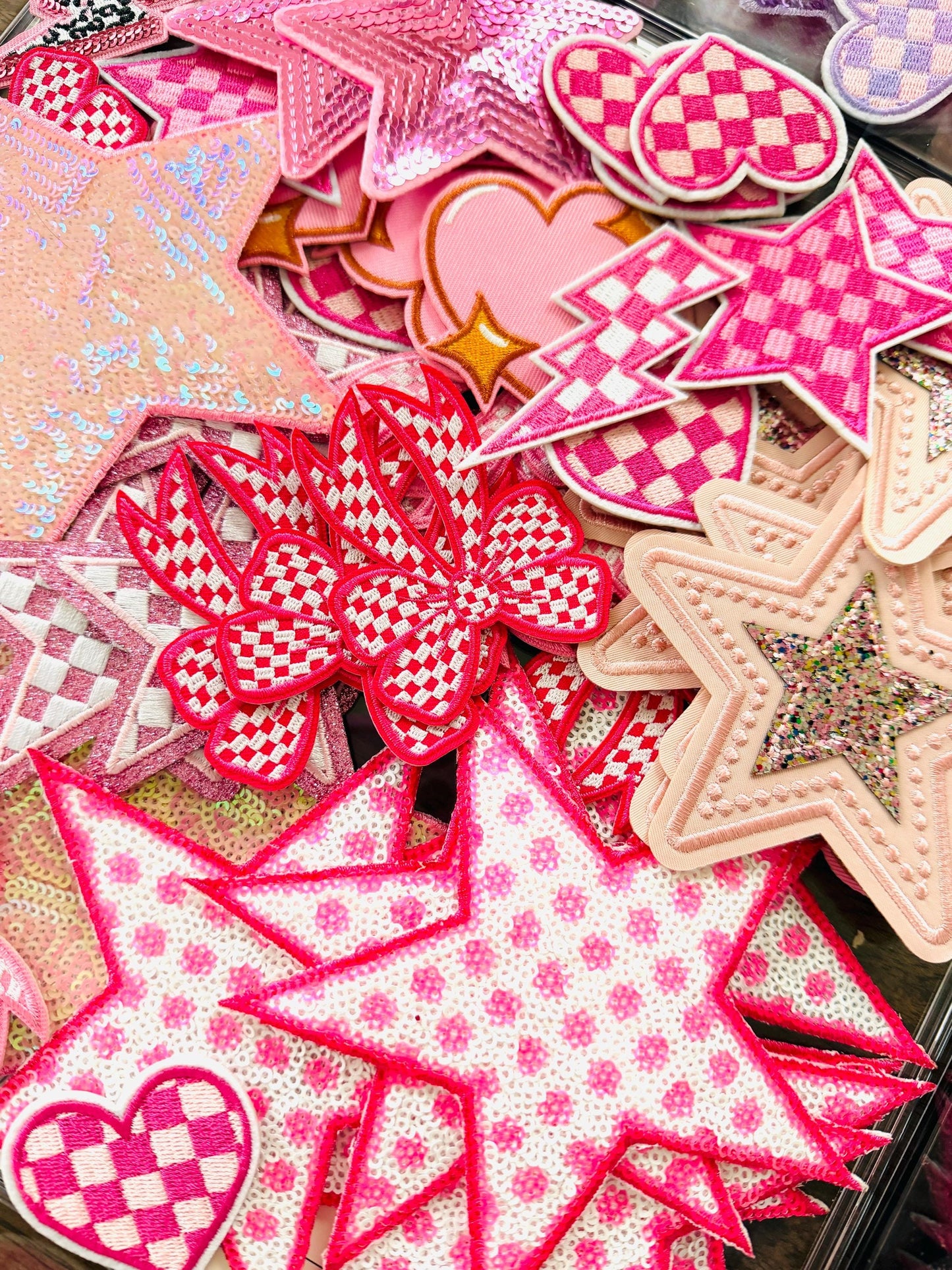 Pink Embroidered Patches: Stars, Hearts, Lightning Bolts – Iron-On Bundle