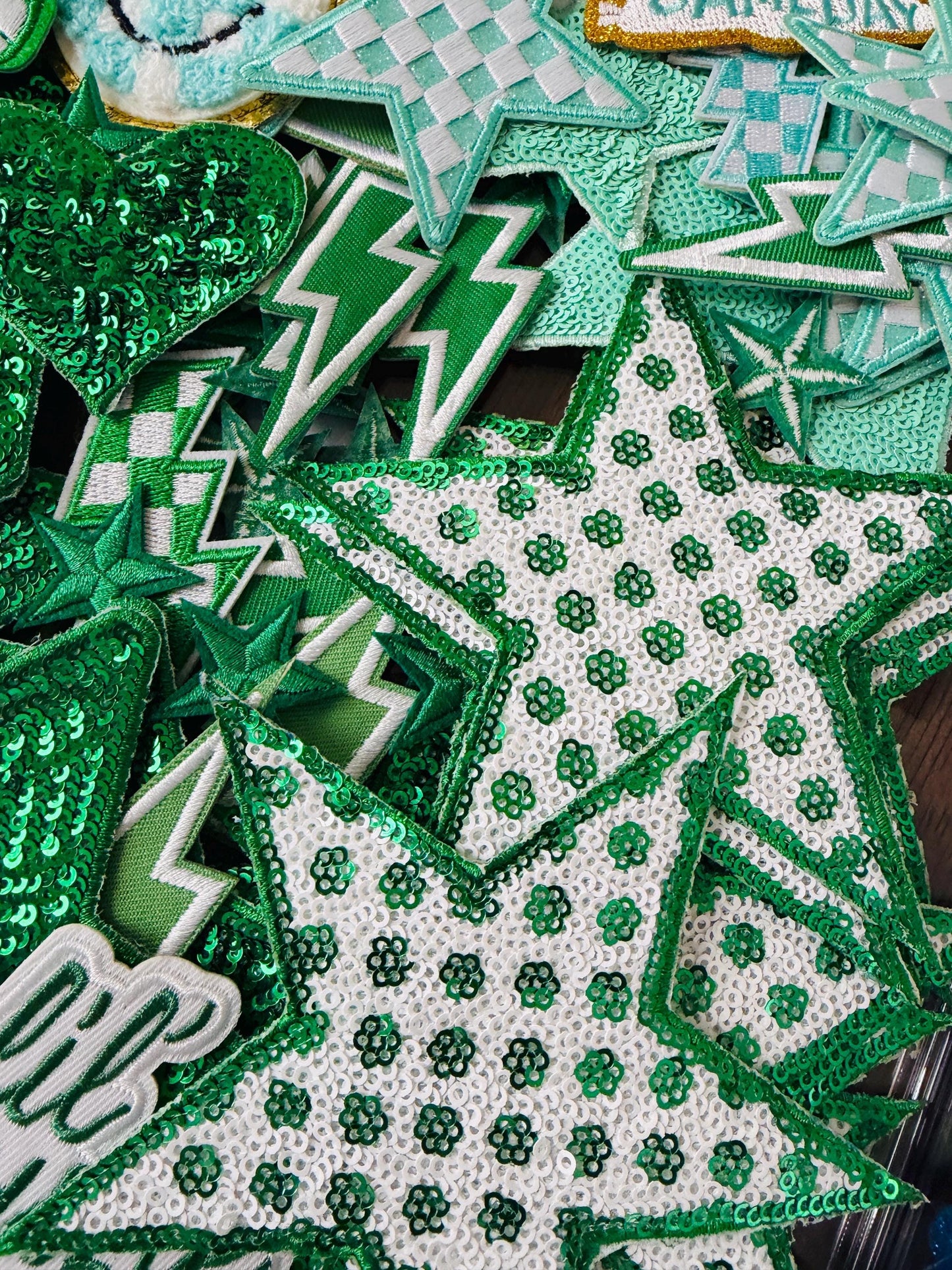 Green Iron On Patches, Bundle of Blue Patches, Filler Patches