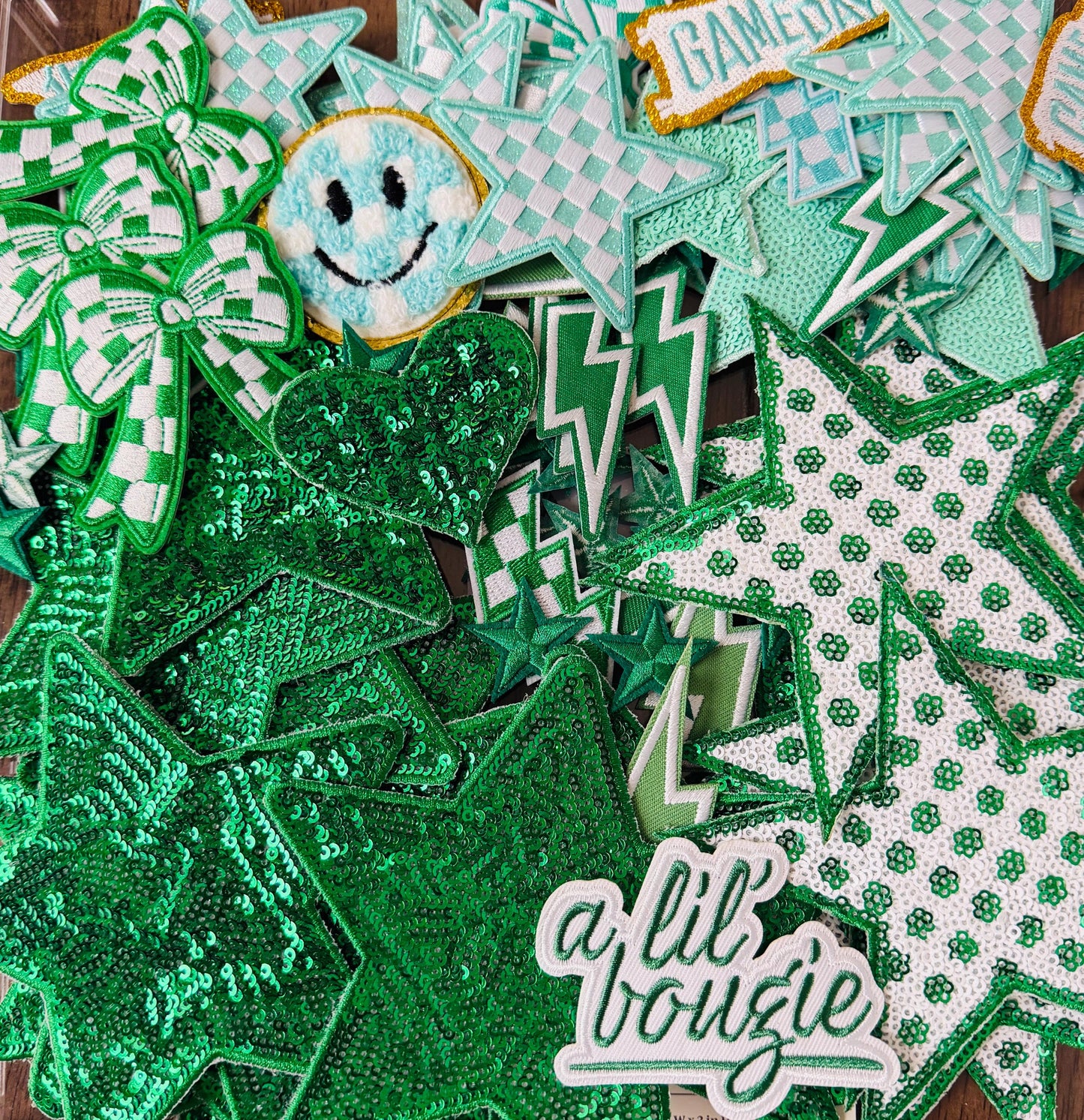 Green Iron On Patches, Bundle of Blue Patches, Filler Patches