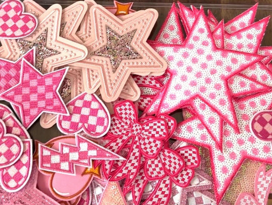 Pink Embroidered Patches: Stars, Hearts, Lightning Bolts – Iron-On Bundle
