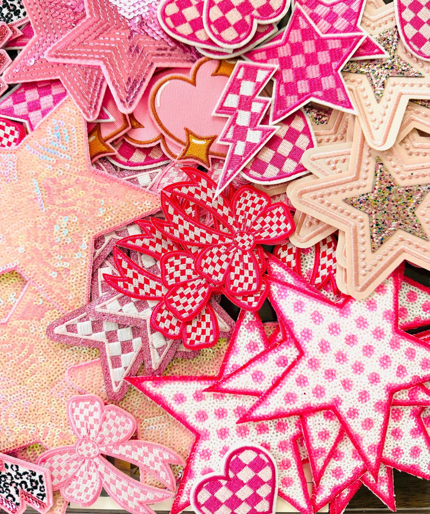 Pink Embroidered Patches: Stars, Hearts, Lightning Bolts – Iron-On Bundle