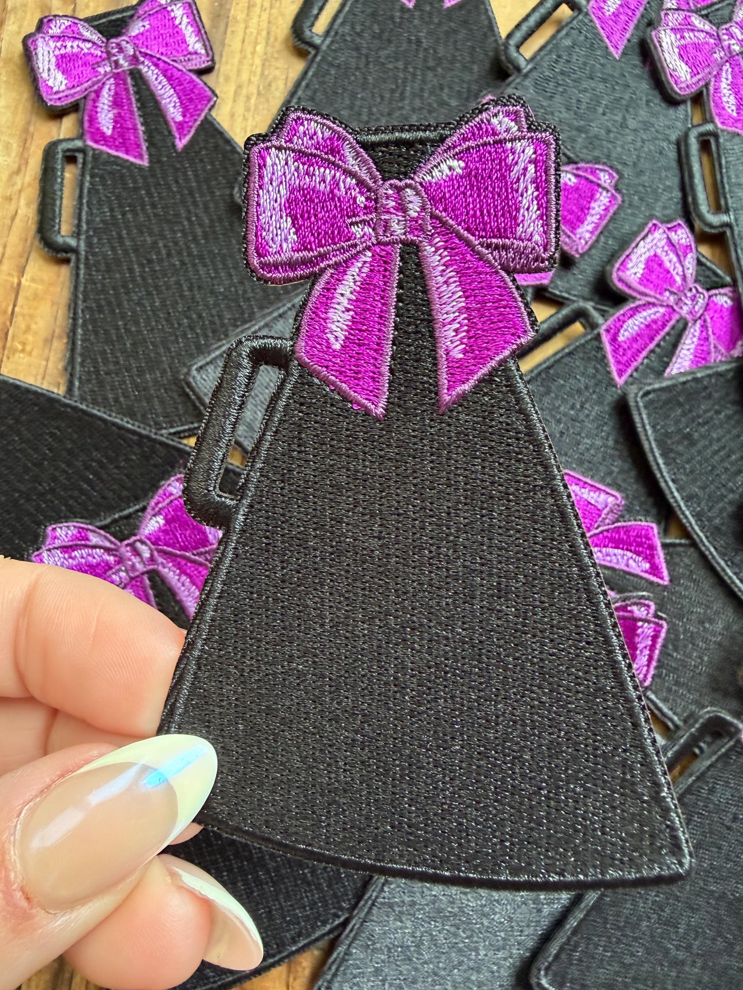 Cheer Megaphone Iron-on Patch with Purple Bow, Cheerleading Patch