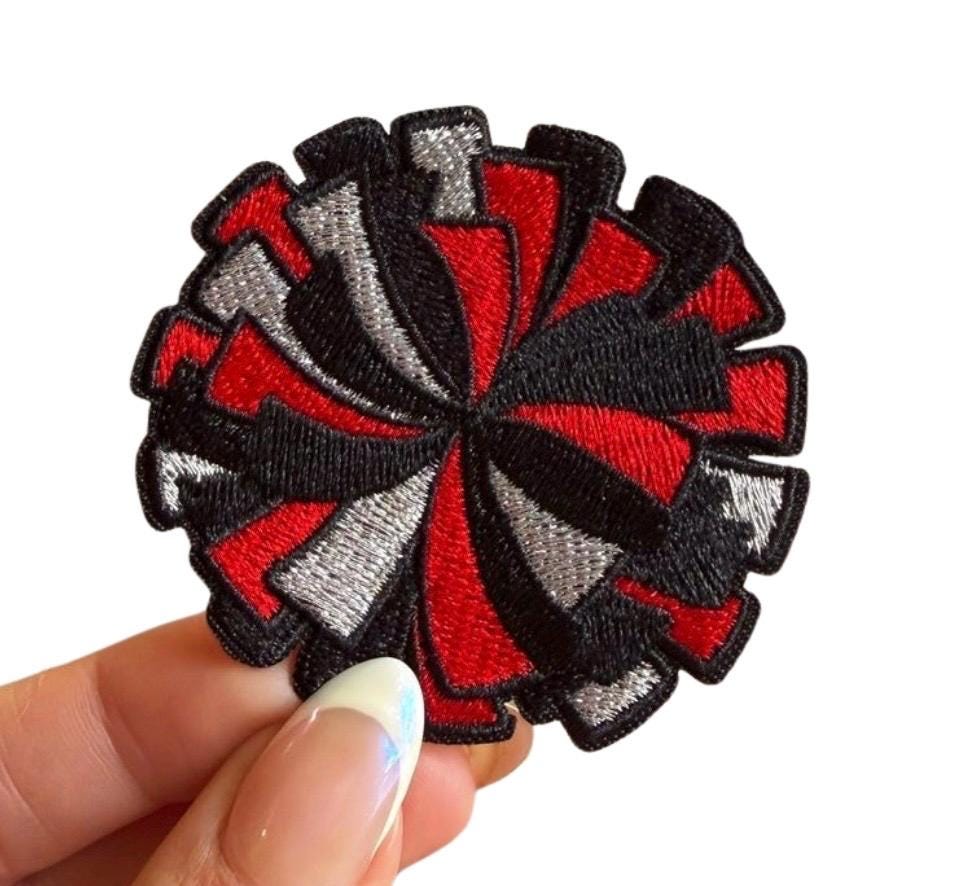 Cheer Pom Pom Embroidered Patch: Red & Black Iron-On Applique