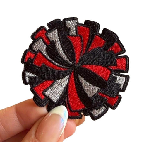 Cheer Pom Pom Embroidered Patch: Red & Black Iron-On Applique
