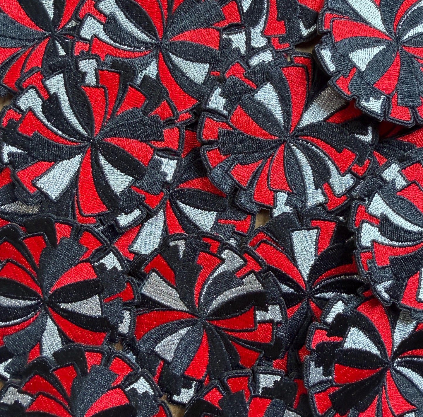 Cheer Pom Pom Embroidered Patch: Red & Black Iron-On Applique