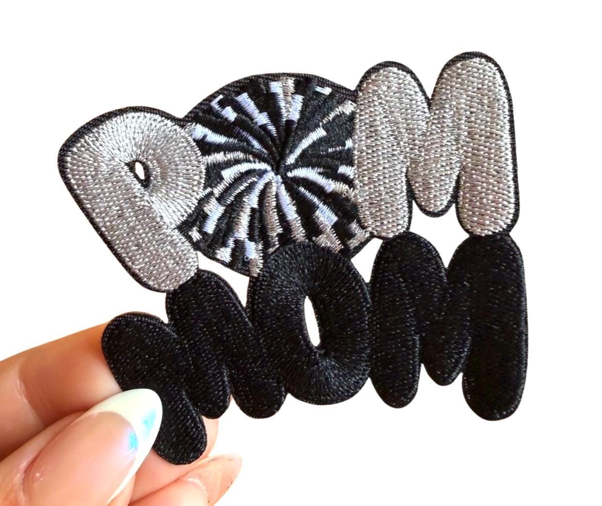 Pom Mom Iron-On Patch, Black White Silver Embroidered Applique