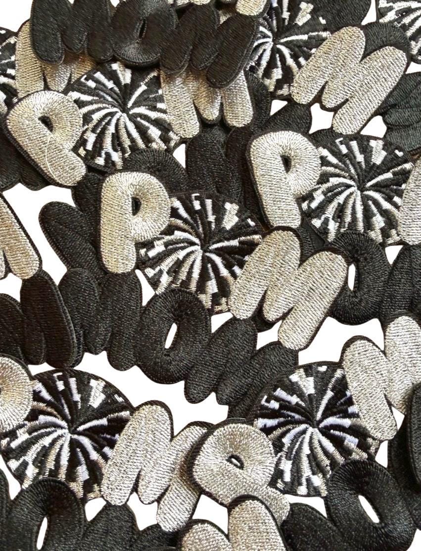Pom Mom Iron-On Patch, Black White Silver Embroidered Applique