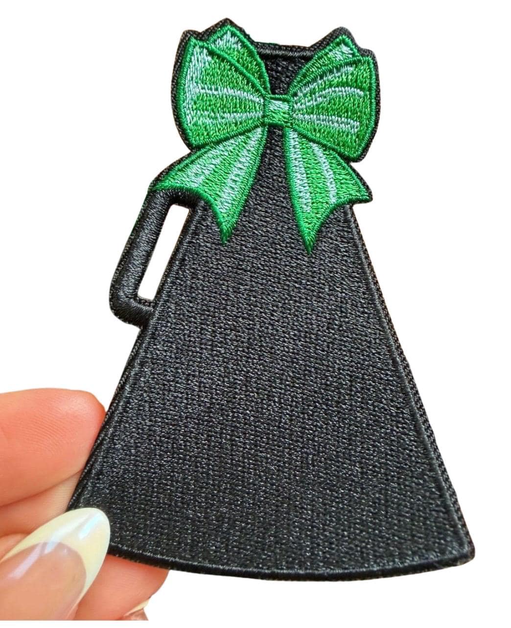Cheer Megaphone Iron-On Patch with Green Bow, 2.5"