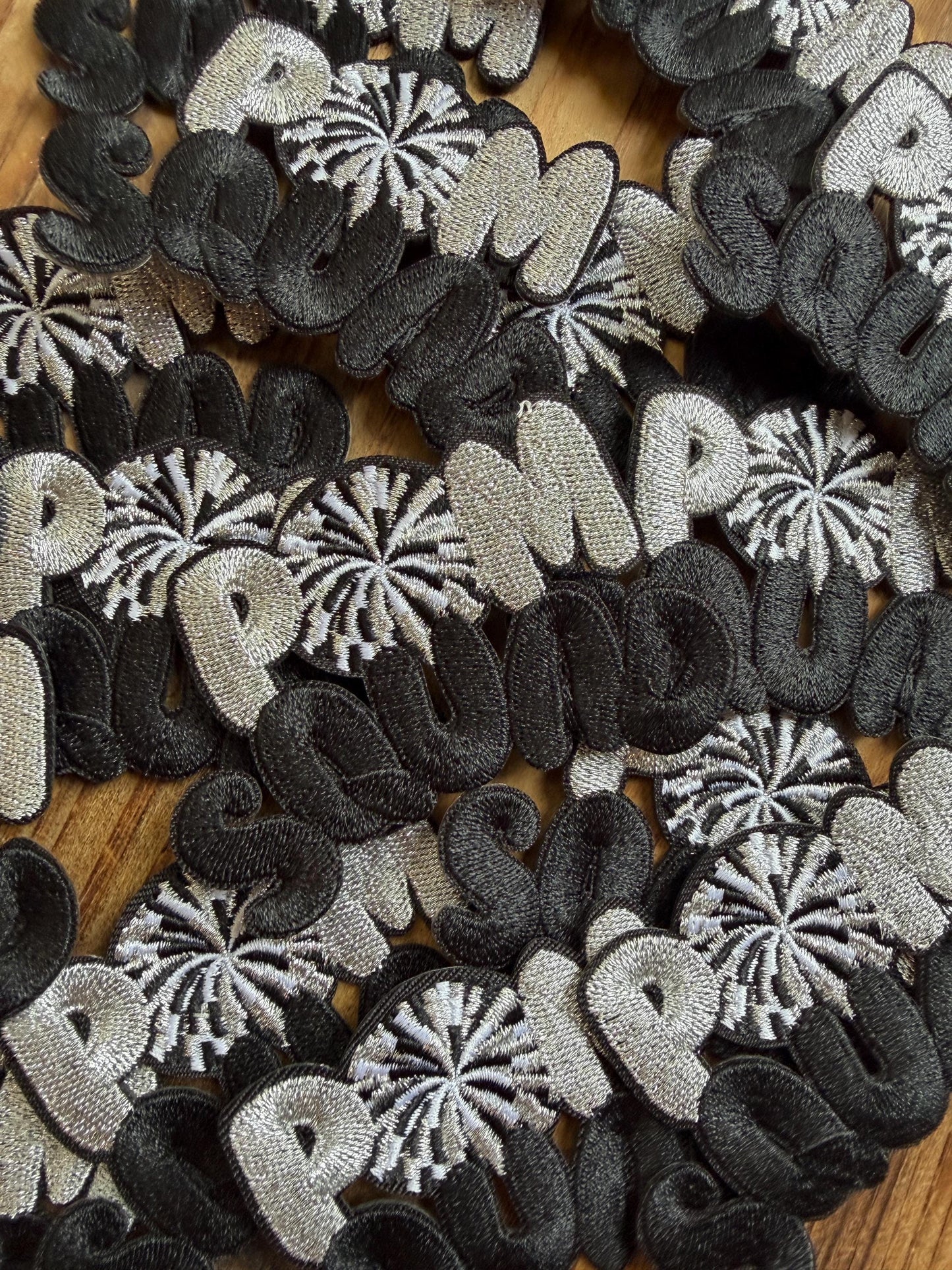 Pom Squad Iron-On Patches, Black Silver Chenille Appliques