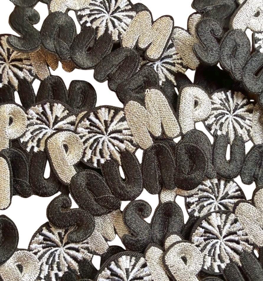 Pom Mom Iron-On Patch, Black White Silver Embroidered Applique
