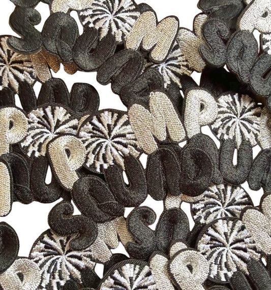 Pom Mom Iron-On Patch, Black White Silver Embroidered Applique