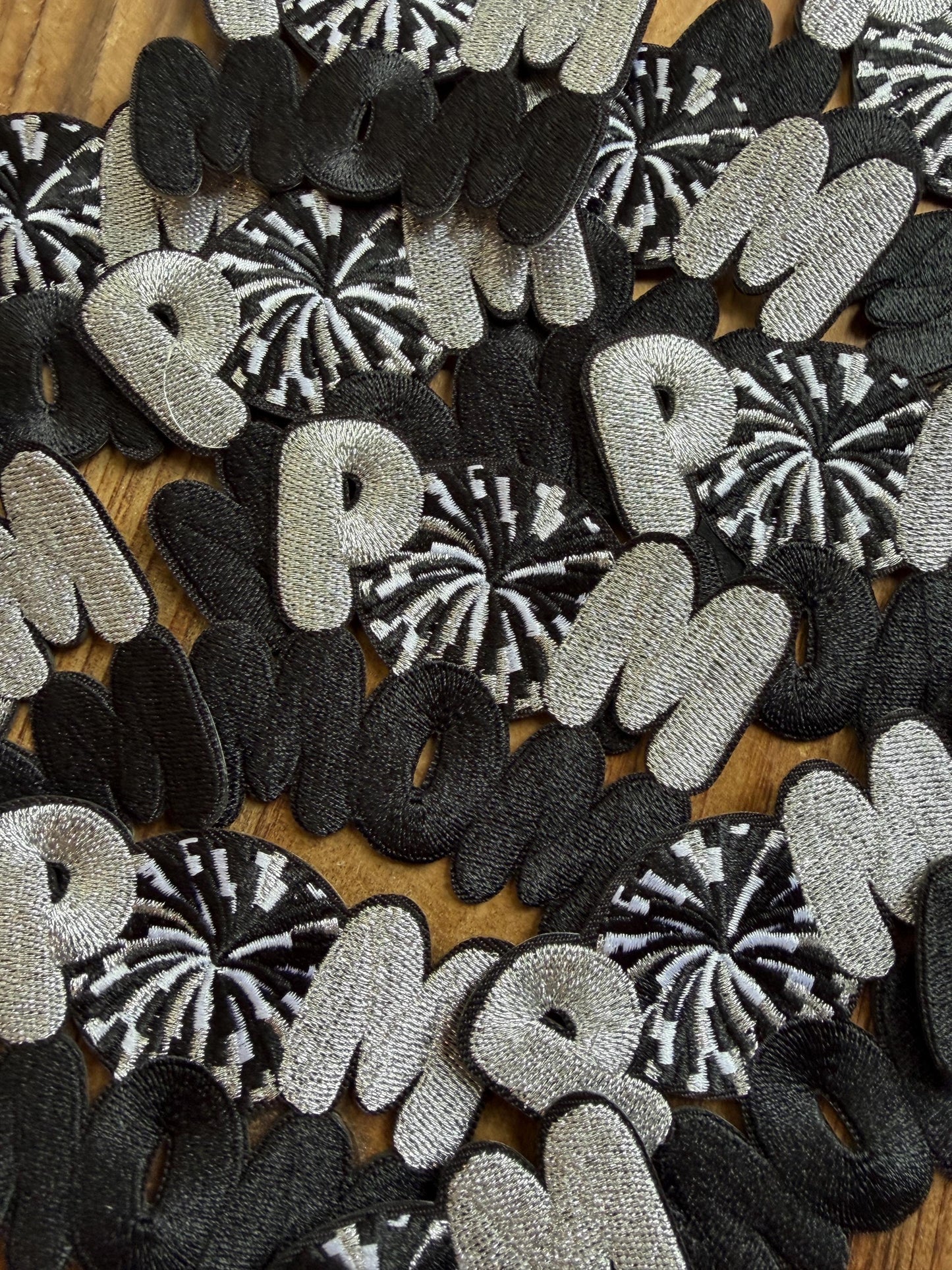 Pom Mom Iron-On Patch, Black White Silver Embroidered Applique