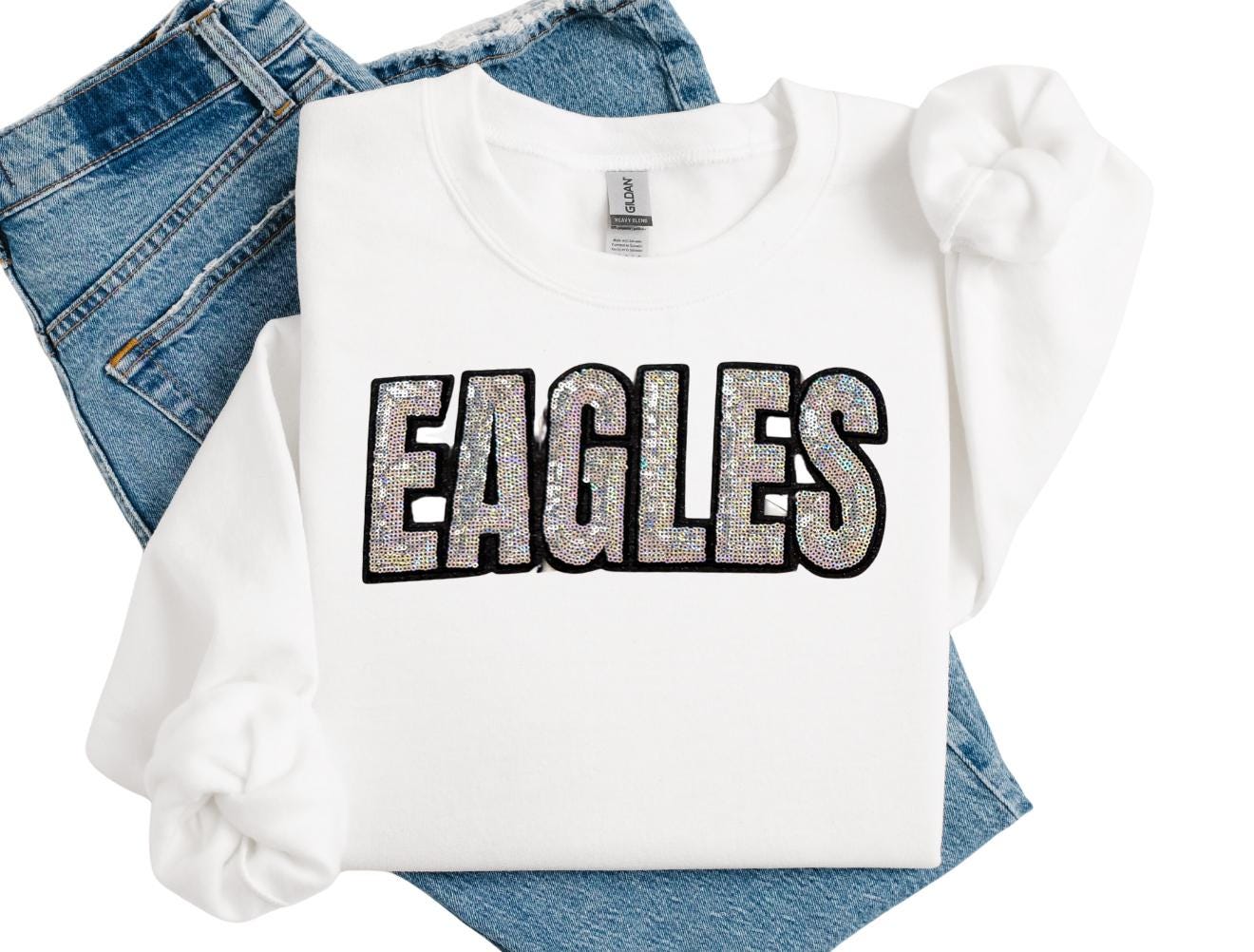 Sequin Eagles Patch:  11" Silver Glitter Iron-On, DIY