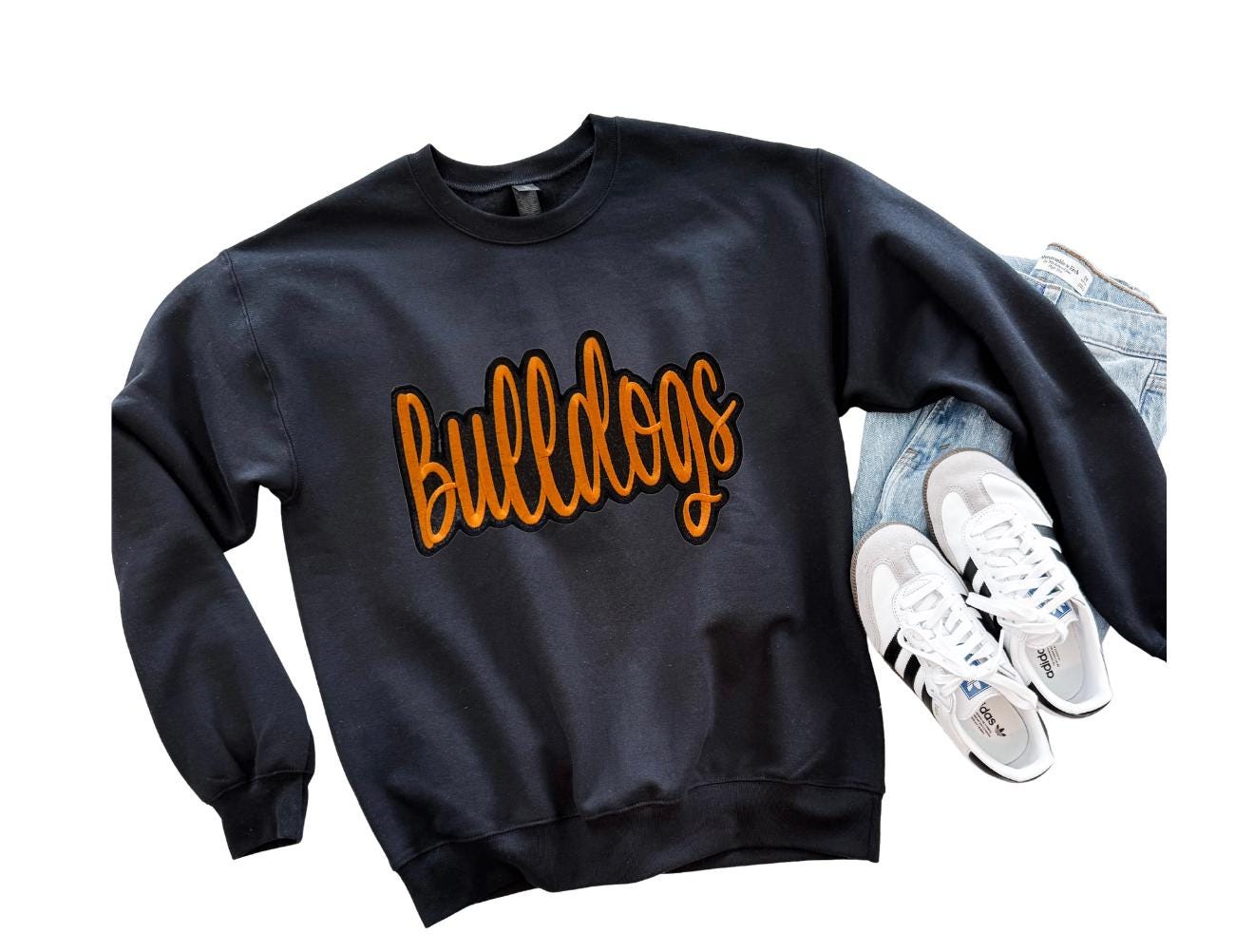 Large Orange Bulldogs Cursive Iron On Patch, Mascot Patches