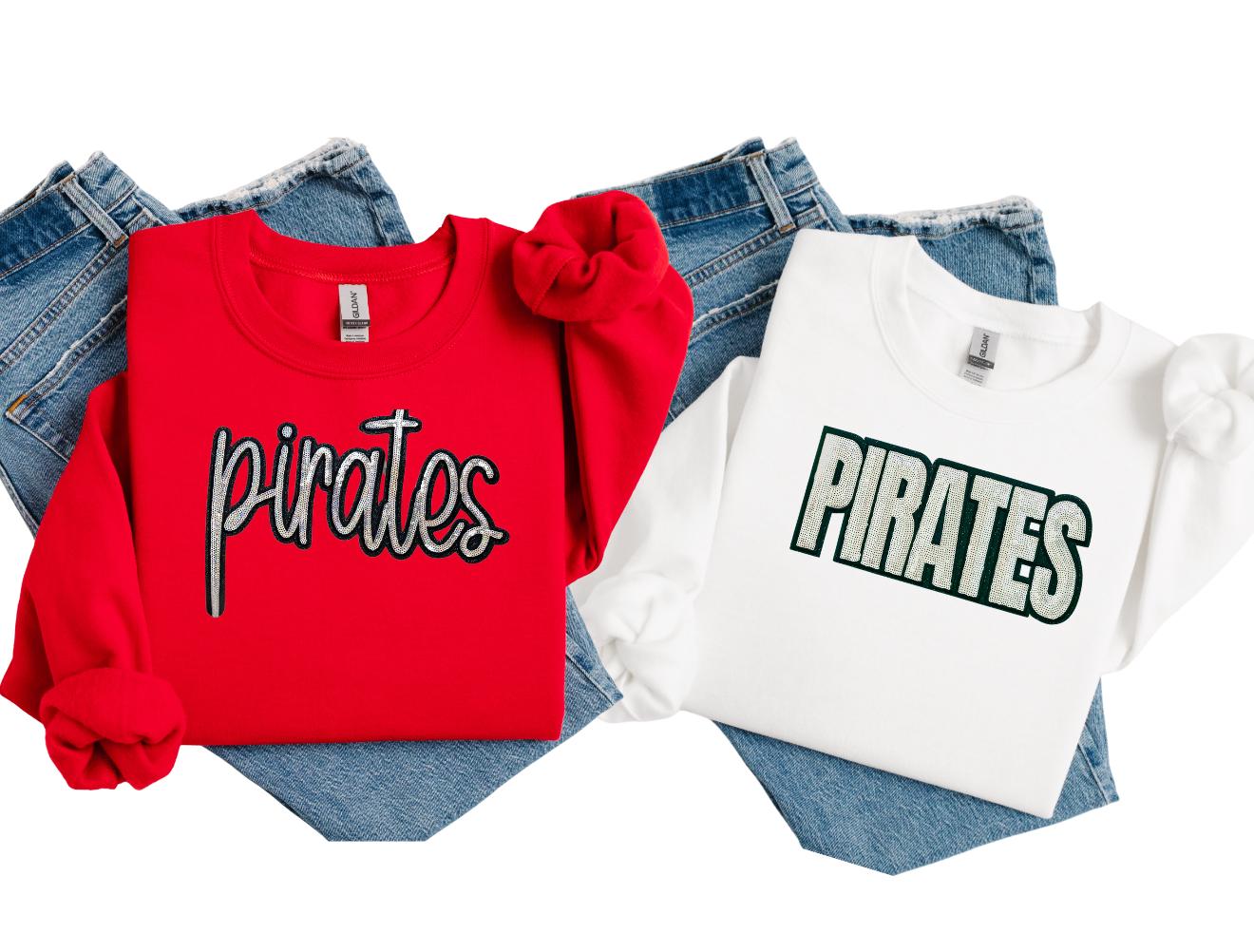 Red and white sweatshirts with 'pirates' text on a denim background