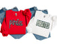 Red and white sweatshirts with 'pirates' text on a denim background