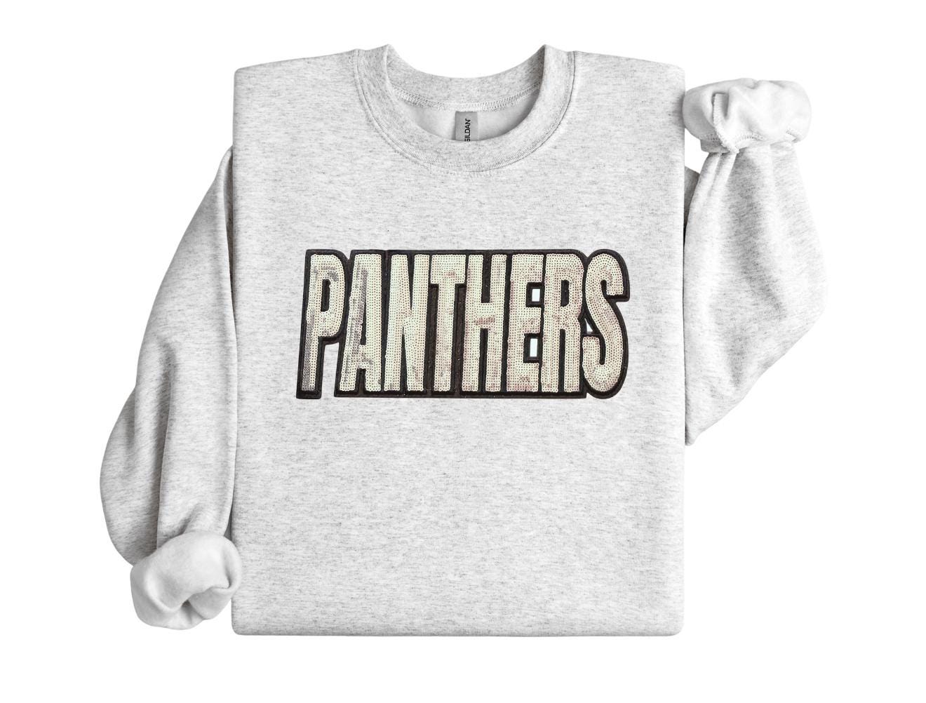 Gray sweatshirt with 'PANTHERS' text on a white background